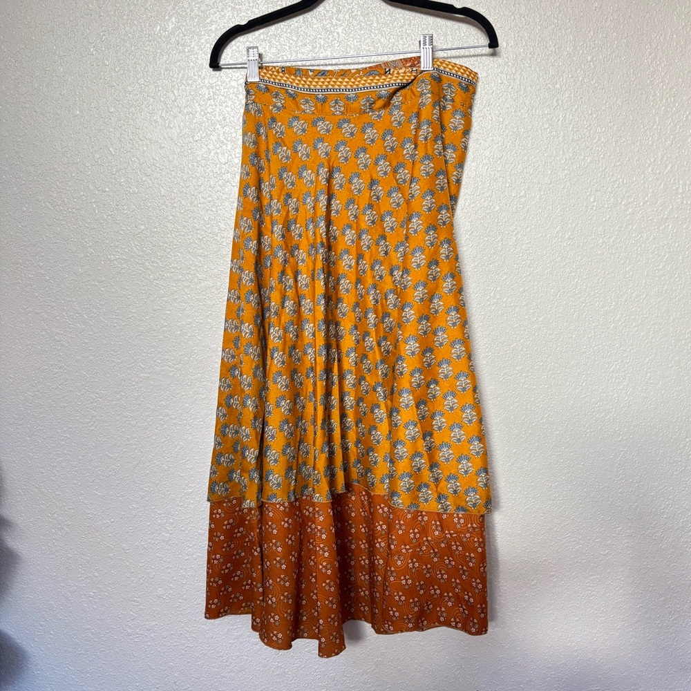 Iris Impressions Mustard & Cream Printed Wrap A Line Skirt Size Large